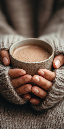 Cozy Winter Scene of Hands Holding a Warm Mug of Hot Chocolate in a Soft Sweater by the Fireの素材