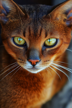 Majestic Abyssinian Cat Portrait with Elegant Amber Fur, Captivating Eyes and Playful Personalityの素材