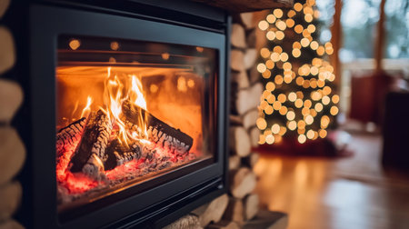 Warm and Cozy Cabin Christmas Ambiance with a Glowing Tree and Fireplace for Festive Cheerの素材