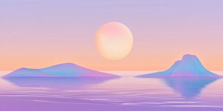 Serene Gradient Ocean Landscape with Tranquil Island Reflections and Calm Waters Under Soft Huesの素材