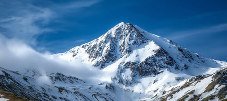 Breathtaking Snow-Covered Mountain Peak Under Clear Blue Sky, Stunning Winter Landscape Viewの素材