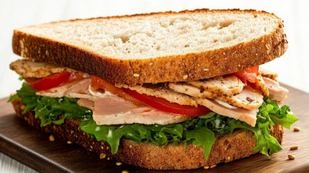 Mouthwatering Turkey Sandwich with Fresh Lettuce, Sliced Tomatoes, and Whole Wheat Bread on Tableの素材