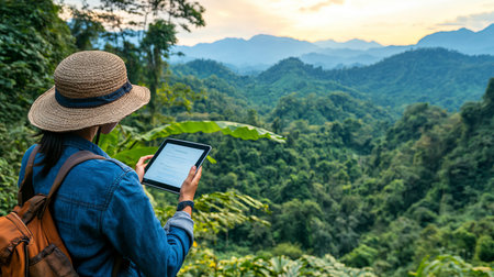 Researcher Using Tablet to Analyze Ecosystem Data in Scenic Mountain Landscape with Forest Hillsの素材