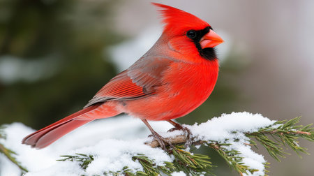 Brilliant Red Cardinal Perched Gracefully on Snow-Covered Pine Branch in a Charming Winter Sceneの素材