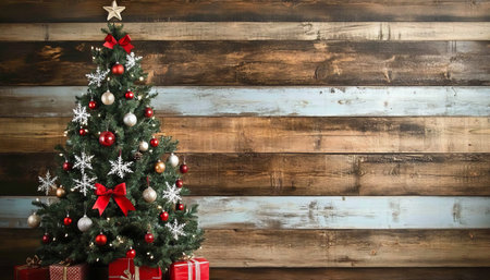 Elegant Red Christmas Tree Ornaments and Decorated Presents Against a Wooden Background Settingの素材