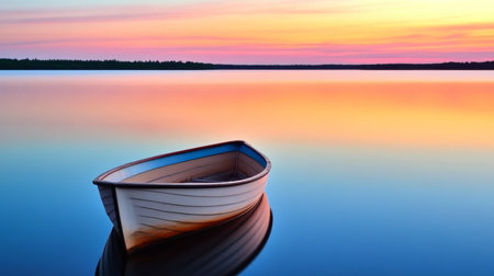 Tranquil Sunset Over a Serene Lake with a Lone Boat, Reflecting Colors in the Calm Waters Belowの素材