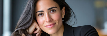 Confident Business Professional Woman Posing in Modern Office Setting with Warm Smile and Soft Focusの素材