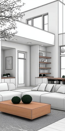 Elegant Two-Story House Interior Design Featuring Cozy White Furnishing and Stylish Shelving Unitsの素材