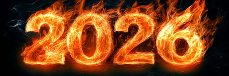 Vibrant Celebration of 2026 Bold Orange Flames and Smoky Background for Dynamic Anniversary Imageryの素材