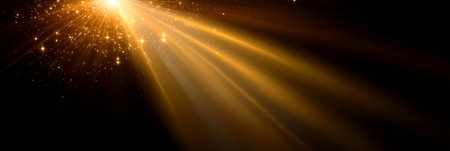 Golden Light Burst Rays Spectacle Abstract Background with Shining Flare in a Dark Backdropの素材