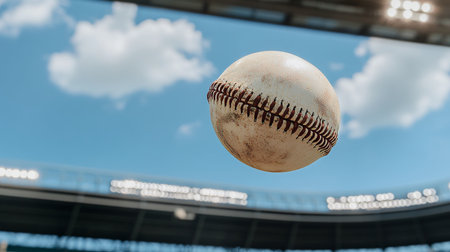Dynamic action shot of a baseball soaring through the air against a colorful grandstand backdropの素材