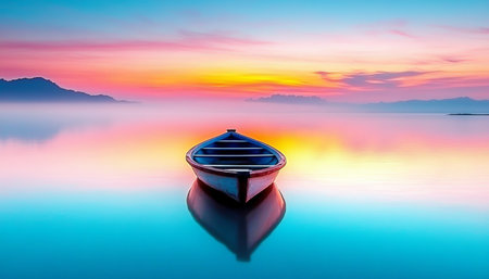 A Serene Sunset Over Tranquil Waters with a Lone Boat Silhouetted Against a Colorful Horizonの素材