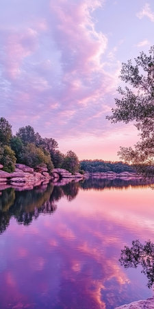 Breathtaking Sunrise Over Tranquil Lake, Colorful Reflections on Water, Nature s Peaceful Beautyの素材
