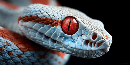 Stunning Macro Image of Pastel Pit Viper with Striking Red Eyes on Bold Black Backgroundの素材