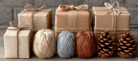 Elegant Brown Paper Gifts Wrapped with Burlap, Yarn, and Pine Cones for Sustainable Holidaysの素材