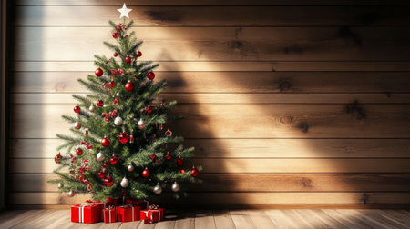 Cozy Indoor Christmas Scene with Beautifully Decorated Illuminated Tree and Wooden Wall Decorの素材