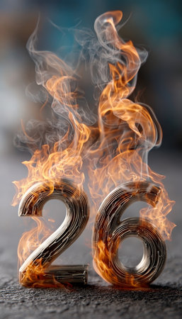 Vivid Number Twenty-Six Surrounded by Fiery Inferno Effects Against an Abstract Textured Surfaceの素材