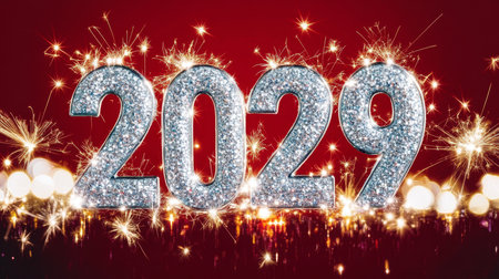 Glittering silver numbers in an elegant typography illustration for the New Year 2029 celebration.の素材