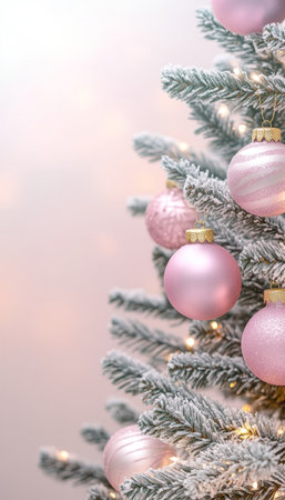 Frosted Rose Gold Christmas Tree with Pink Ornaments and Gold Baubles for Festive Holiday Decorの素材