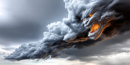 Furious Spirit Roaring Amidst Dark Storm Clouds, A Fearsome Fantasy Beast in a Gloomy Skyの素材