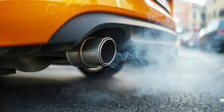 Car Exhaust Emitting Harmful Fumes Contributing to Urban Pollution and Global Warming Crisisの素材
