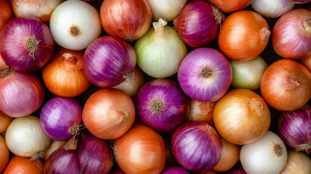 A Colorful Assortment of Red, White, and Brown Bulb Onions for Culinary and Agricultural Useの素材