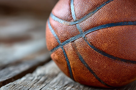 Close-Up of Aged Basketball Equipment Made of Genuine Cowhide on Weathered Wooden Surfaceの素材