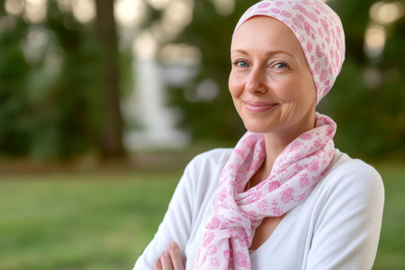 Serene Middle-Aged Woman Exhibits Strength and Resilience Wearing Headscarf in Park After Recoveryの素材