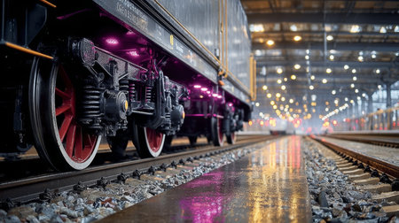 Vibrant Train Car Wheels Reflective Gleam on Rail Tracks, Captivating Closeup of Industrial Designの素材