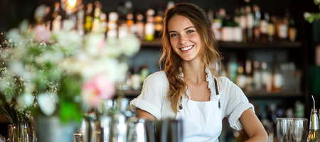 Charming Young Woman in Trendy Bar, Smiling at Customer While Serving Delicious Drinks and Cocktailsの素材