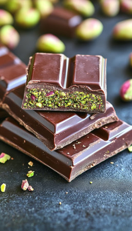 Indulgent Dark Gourmet Brown Dessert Bar with Green Kadaif Filling Perfect for Holiday Snackingの素材