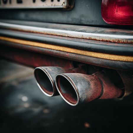 Vintage Car s Worn Dual Exhaust Pipes Highlighting Classic Automotive Charm and Unique Rusty Textureの素材