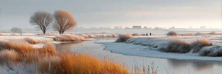 Winter Serenity Unveiled A Tranquil Landscape of River s Embrace, Mist s Veil, and Golden Grassesの素材