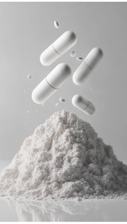 Elevated Capsule Presentation with Medicine Components and Pharmaceutical Elements on White Surfaceの素材