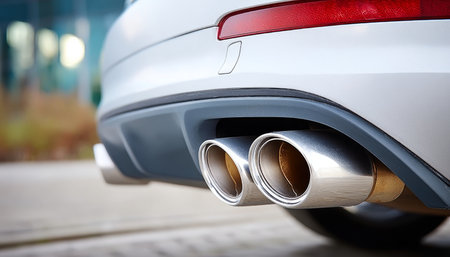 Macro View of a Vehicle Muffler with Unique Chrome Exhaust Details and Powerful Engine Soundsの素材