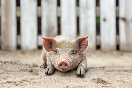 Charming Miniature Piglet Joyfully Rolling in Mud Bath, Surrounded by Rustic Fences and Greeneryの素材