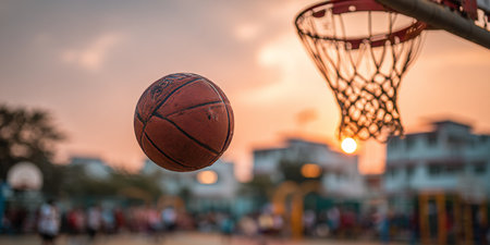 Golden sunset illuminates a street basketball game, showcasing youthful energy and urban vibes.の素材