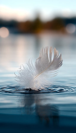 A Soft White Feather Gently Landing on Clear Water, Creating Beautiful Ripples and Peaceful Harmonyの素材
