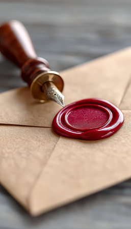 Elegant brown envelope with vintage red wax seal, perfect for formal letters and invitations.の素材