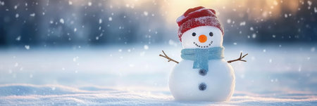 A Joyful Snowman with a Woven Hat and Colorful Scarf in a Beautiful Winter Wonderland Sceneの素材