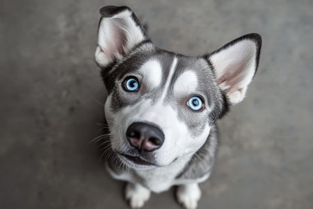 Charming Siberian Husky Posing Elegantly in Portrait with Striking Eyes Against Soft Grey Backgroundの素材