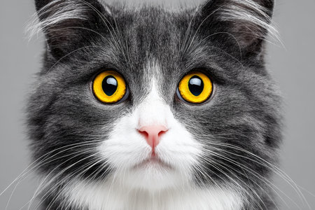 Charming Australian Mist Cat with Striking Yellow Eyes Posing Gracefully on a Soft Gray Backgroundの素材