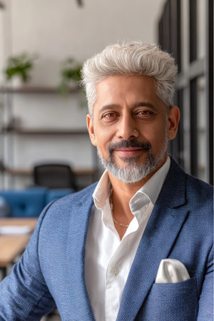 Confident Executive with Silver Hair in Blue Suit Posing in Modern Office Environment Settingの素材