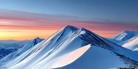 Breathtaking Sunset Over Snow-Capped Mountain Peaks with Vibrant Colors and Serene Nature Landscapeの素材