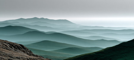 Serene and Dramatic Landscape of Misty Rolling Hills Under a Colorful Sky at Dusk with Soft Lightの素材
