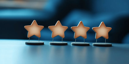 Customer Evaluation and Feedback Using Icons Representing Five-Star Ratings, Awards, and Successの素材