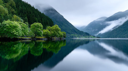 Breathtaking View of Misty Mountains Embracing a Tranquil Lake in a Lush Green Norwegian Fjordの素材