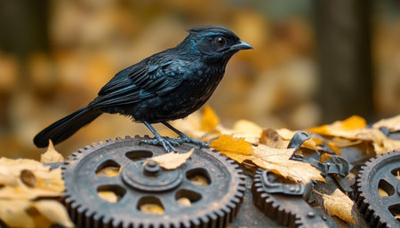 Dark Feathered Avian Specimen Resting on Intricate Clockwork Surrounded by Colorful Autumn Leavesの素材