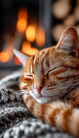 Cute Ginger Tabby Cat Napping in a Cozy Blanket by a Warm Fireplace on a Chilly Winter Eveningの素材