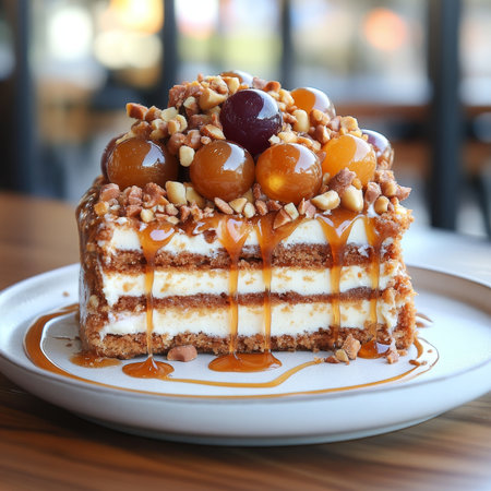 Delicious Layered Dessert Slice with Glazed Fruit and Crushed Peanuts on a White Plateの素材